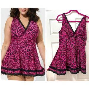 Torrid 1 1X 14/16 Pink Leopard Print Lace Trim Mid Wireless Swim Dress w/Briefs